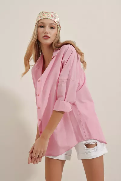  Chemise longue oversize basique - Rose