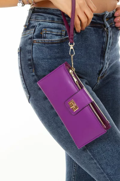 Portafoglio viola da donna Portafoglio con scomparto per monete di carta da donna Portafoglio con cinturino da polso con serratura