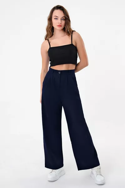 Pantaloni Palazzo Vita Alta Blu Navy Donna