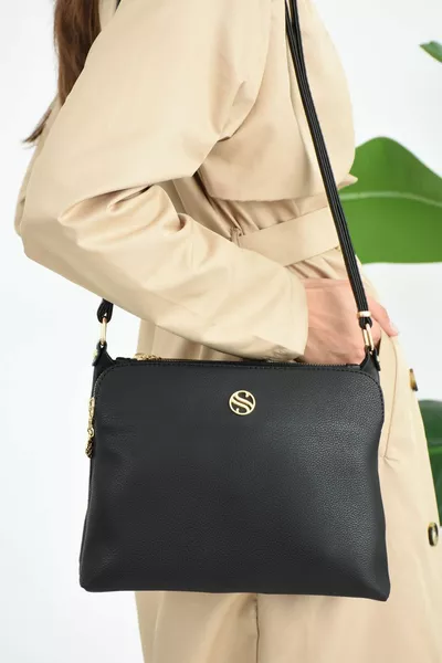 Zwarte Dames Zacht Leer 4 Compartimenten Lange Kruisband Middelgrote Handige Schoudertas