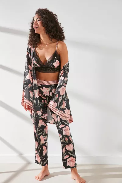 براليت فستان مع بنطلون 3 قطع طقم بيجاما ستان  سلمون / أسود