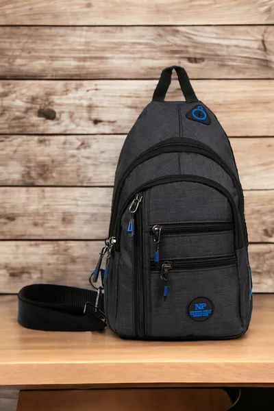 Черно-синя ленена многофункционална кръстосана чанта за гърди, рамо и кръст с ухо и USB изход с каишка