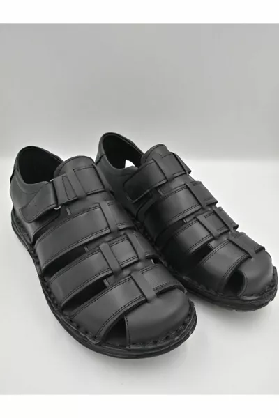 Sandales velcro en cuir véritable noir avec coussin de massage pour hommes