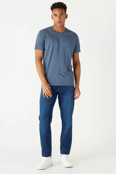 Men's Indigo Melange Cotton Slim Fit Slim Fit Crew Neck Basic T-Shirt