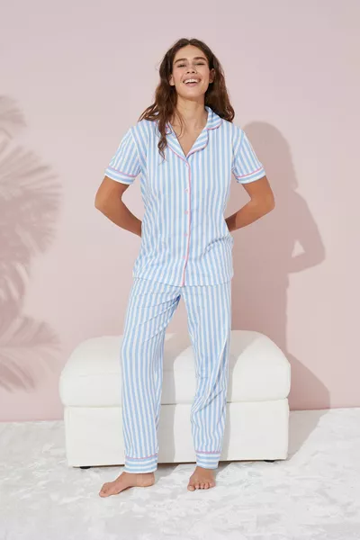 Blue and White Line Patterned Short Sleeve Buttoned Welt Knitted Pajamas Set