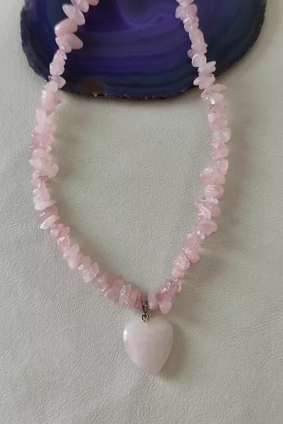 Certified Pink Quartz Kırıktaş Natural Stone Heart Necklace