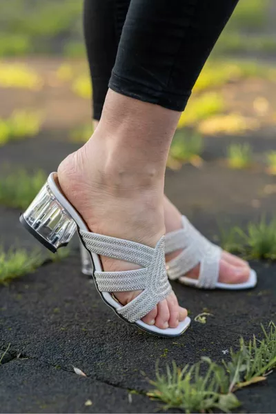 نسائي كعب أبيض شفاف الثريا النعال 