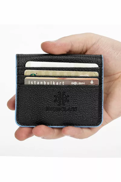 حامل بطاقة محفظة جلدية سوداء زرقاء مع مقصورة عملات معدنية