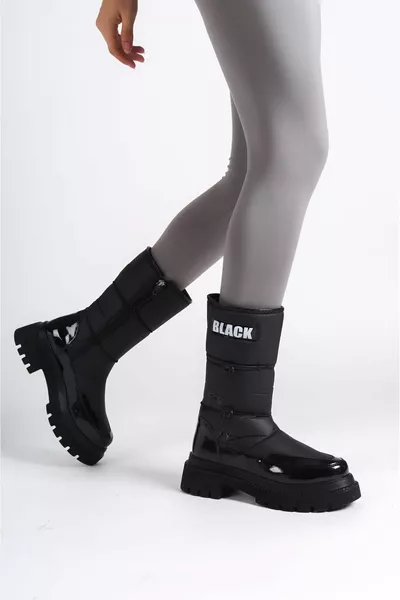LUCY Élastique Zippé Résistant À L’eau Et Au Froid Parachute Tissu Cuir Verni Bottes Femme ST Noir