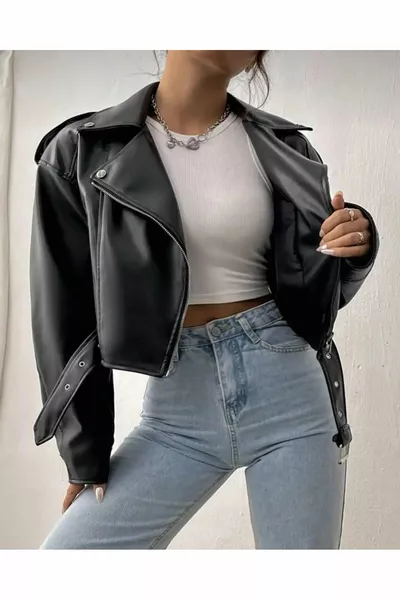 Blouson court oversize ceinturé en cuir