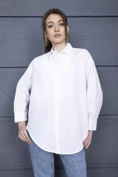 المرأة بيضاء بالون الأكمام أخفى بات قميص بوبلين طويل الحجم