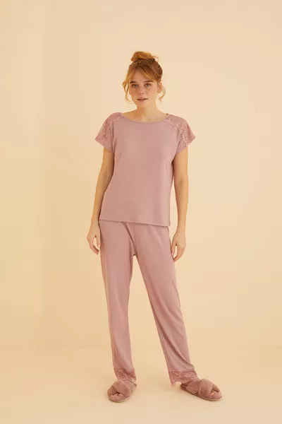 lilac Lace Detailed Soft Touch Thin Knitted Pajamas Set