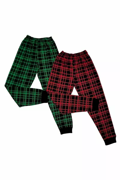 Plaid patterned red and green unisex knitted pajama bottoms for 2 (% COTTON)