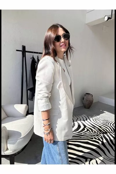 المرأة الحجر اللون اصطف الكتان سترة