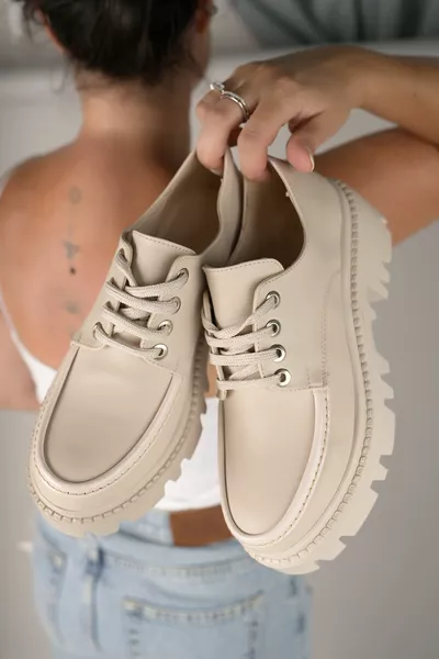 Women's Beige Lace-Up Loafer Shoes