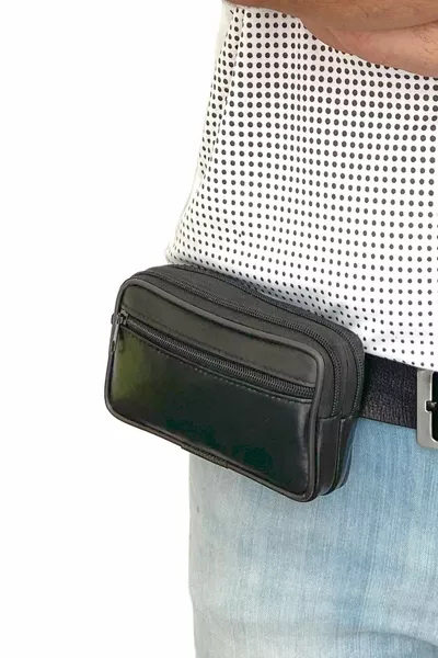 جلد طبيعي الهاتف مقصورة حزام حقيبة 3 مقصورات أفقية