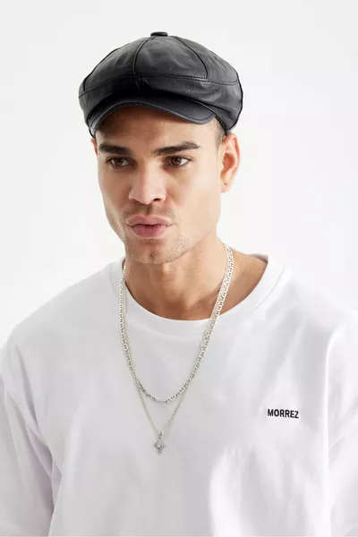 جلد طبيعي أسود قبعة رجالية قبعة كلاسيكية 