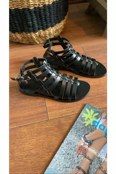 Handgemaakte echt lederen zwarte Bodrum sandalen - 