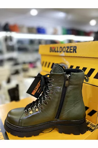 Cuir véritable Vert kaki à plumes à lamelles zippées Bottes postales orthopédiques pour femmes