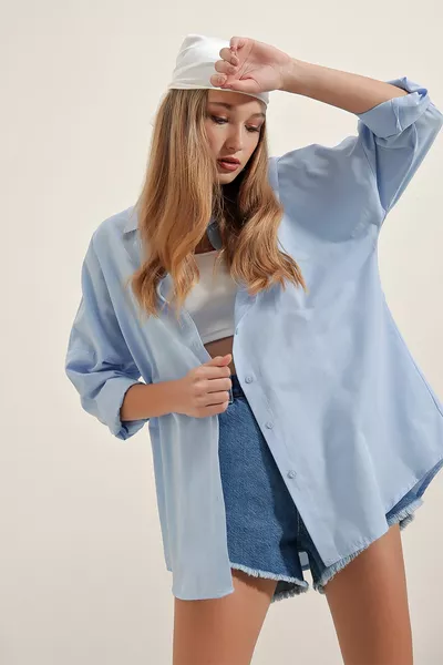  Chemise longue oversize basique - Bleu