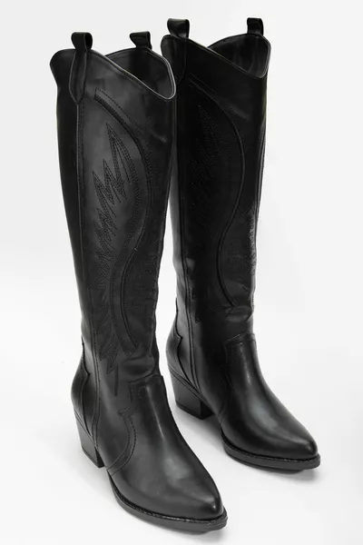 RISSOLI Noir Mat Skin Brodé Western Cowboy Cow-girl Bottes Bottes