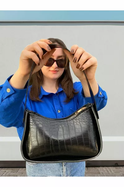 حقيبة الرغيف الفرنسي الأسود كروكو منقوشة المرأة حقيبة اليد والكتف