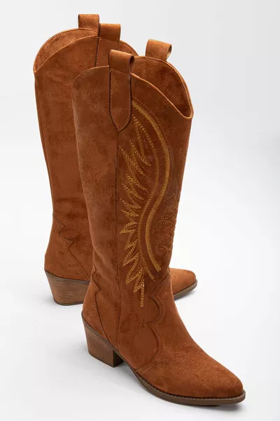 Tan Cannella Opaco Pelle Scamosciata Ricamato Western Cowboy Cowgirl Stivali Stivali