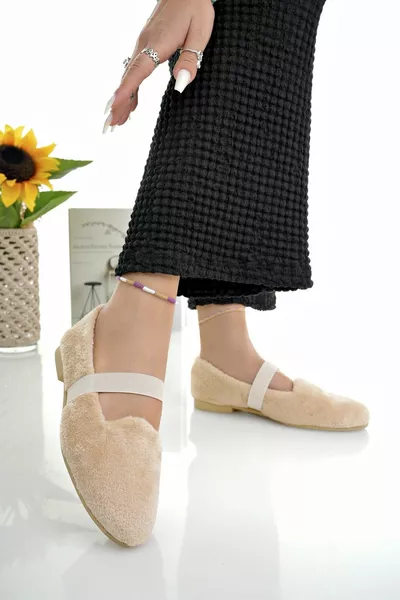 Дамски бежови вълнени зимни балетни обувки за дома и на открито