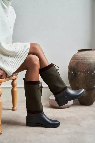 رويال كاكي حقيقية من جلد الغزال المرأة أحذية المطر