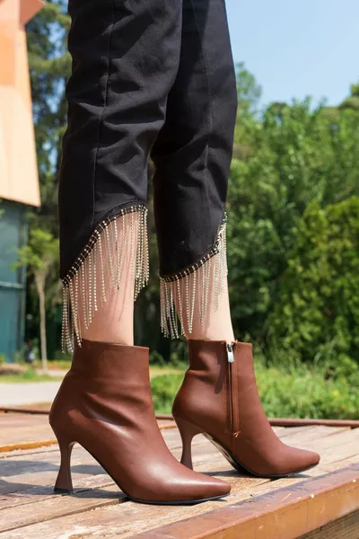 Taba Cilt Kısa Fermuarlı Abiye Bot Kadın Bootie Fashion Trend Bot