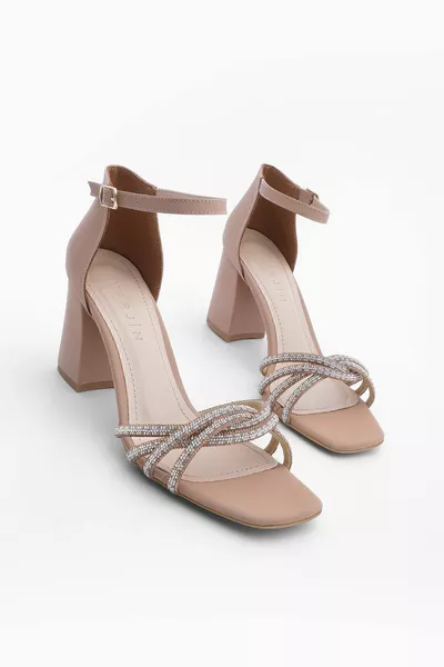 Women's Blunt Toe Stone Ankle Strap Evening Dress Heels Angelas Beige