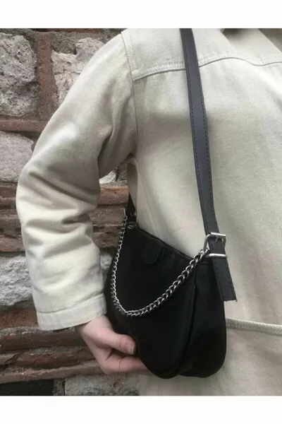 Women's Black Thin Chain Baguette Bag