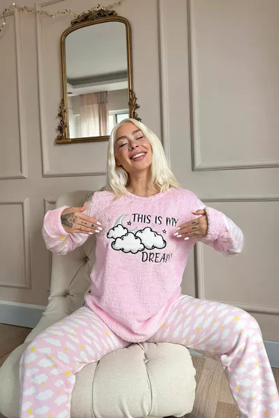 Poeder Roze Moon Cloud Patroon Dames Pluche Pyjama Set
