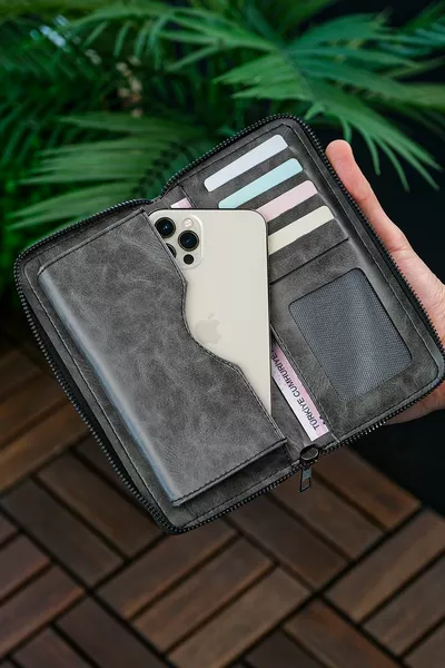 حامل بطاقة محفظة جلدية للجنسين محفظة طويلة مع حجرة هاتف رمادي مجنون