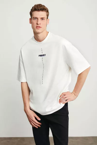 Project Men's Print Detailed Oversize % Organic Cotton 3 Thread Knitted Crew Neck White T-shirt