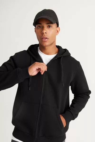 Men's Black Standard Fit Normal Cut Fleece 3 Thread Hooded Zipper Sweatshirt Jacket