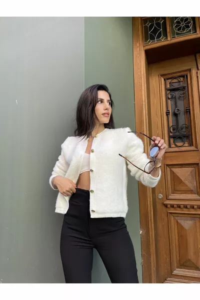 Женский КРЕМОВЫЙ Круглый Вырез Золотая Пуговица Плюшевый Мягкий Трикотажный Кардиган