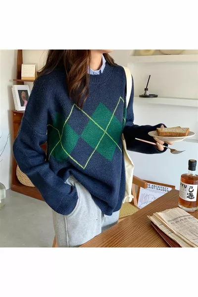 Harajuku Maglione oversize scozzese vintage blu navy