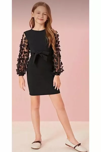 Mini-robe avec nœud sur le devant des manches Manches en tulle Mini-robe à motifs floraux Robe en tissu popeline