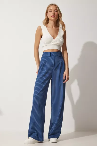 Pantalon large plissé bleu foncé femme 