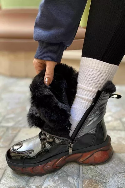 -5 Women's Grey Fur Sneaker Boots