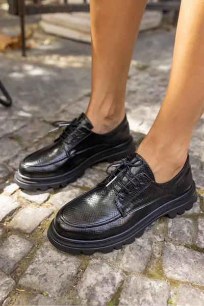 FRED WOMEN'S BLACK PATTERNED IMPORTED FAUX LEATHER OXFORD SHOES