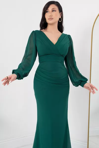 Double-breasted Collar Long Sleeve Chiffon Dress 