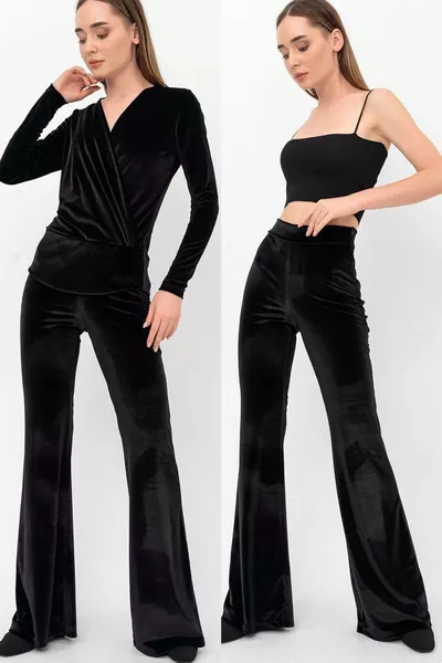 Pantalon en velours noir, coupe espagnole demi-évasée