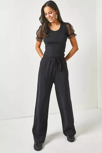 Pantaloni Palazzo Ayrobin da Donna con Cintura Elastica e Cintura a Nero 