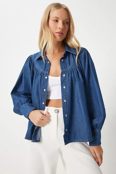 Women's Dark Blue Balloon Sleeve Denim Shirt 