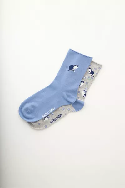 Chaussettes socquettes femme en viscose avec motif de chat, lot de 2