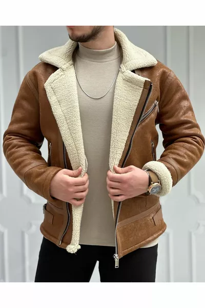 سترة جلد نابا رجالية بلون عسلي مبطنة بالكامل بالفرو، طراز نورث