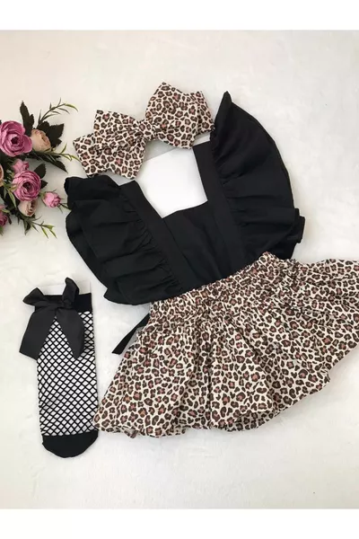 Mädchen Baby Leoparden Stirnband Socken Overall Kleid Set