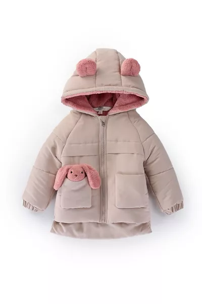 Trendy Cute Baby Toy Rabbit Furry Lined Soft Fabric Pocket Hooded Winter Coat